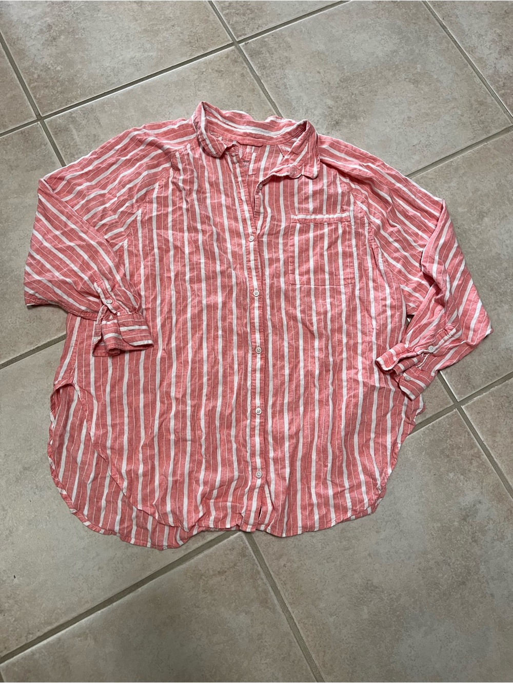 Aerie Pink & White Striped Casual Button-Down Shirt